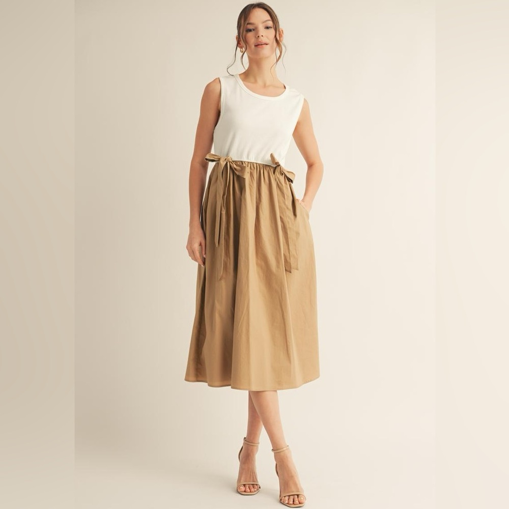 Sleeveless White Tank Top with Tan Tie-Waist Midi Skirt